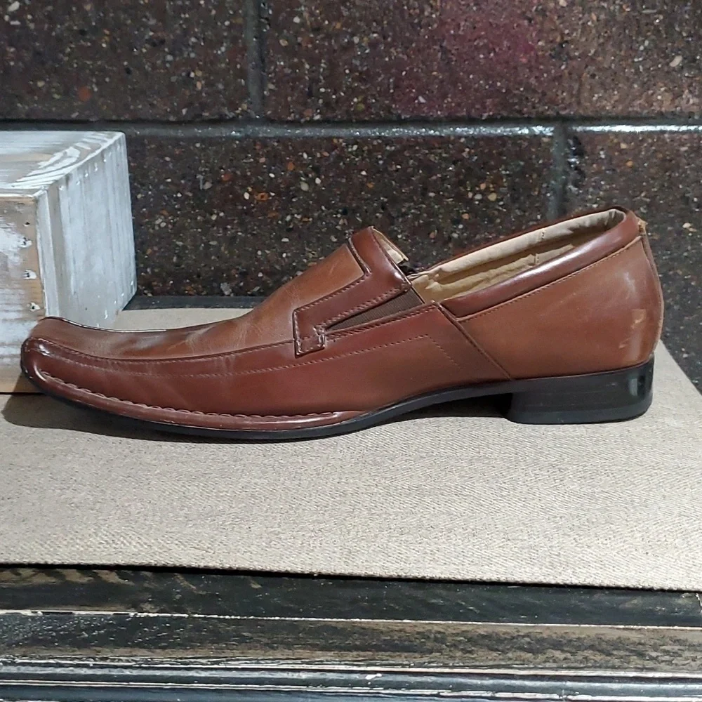 MENS DRESSY STACY ADAMS BROWN LEATHER SLIP ON SQUARE TOE LOAFERS SIZE 10